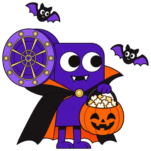 Flick the projector dressed as a vampire, holding a pumpkin full of popcorn