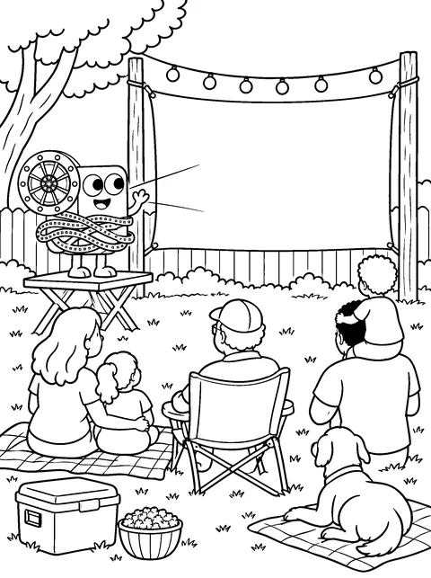 Coloring page: families on blankets and lawn chairs watch a backyard screen while Flick projects from a table and a dog relaxes nearby.