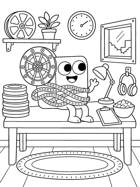 Coloring page: Flick sits in his projection booth surrounded by film cans, a spare reel, a clock, a lamp and headphones.