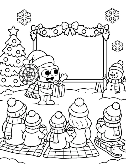 Coloring page: Santa-hat Flick with a gift at a snowy outdoor screening with a decorated tree, a snowman and bundled-up families.