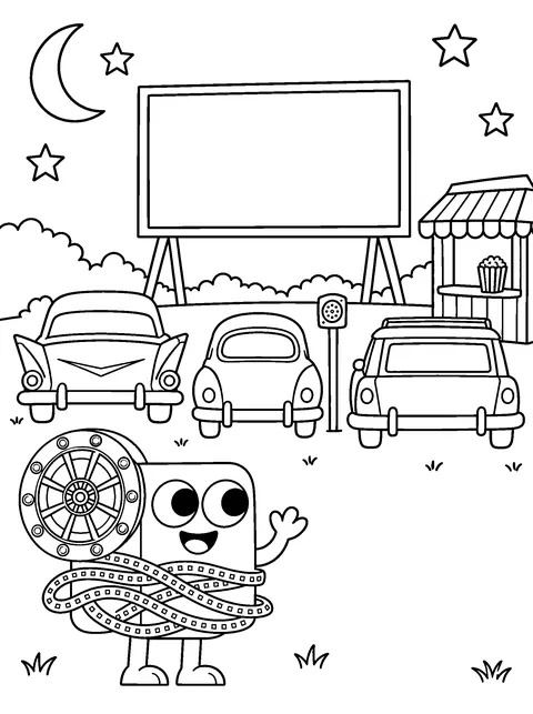 Coloring page: three old-fashioned cars face a big drive-in screen under the moon, with a popcorn stand and Flick waving.