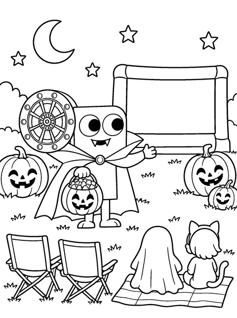 Coloring page: vampire Flick with a pumpkin bucket of popcorn welcomes costumed kids to an outdoor Halloween movie beside smiling jack-o-lanterns.