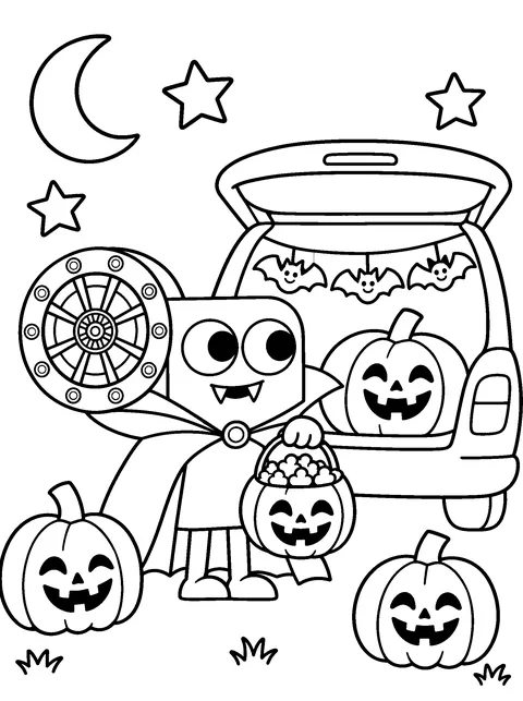 Coloring page: vampire Flick stands by a decorated car trunk with paper bats, jack-o-lanterns and a crescent moon.