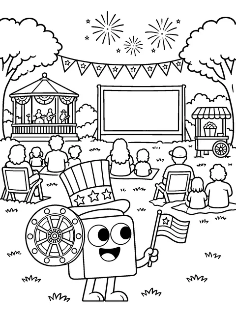 Coloring page: Flick in a star top hat waves a small flag at a town-park movie night with a gazebo, bunting and far-off fireworks.