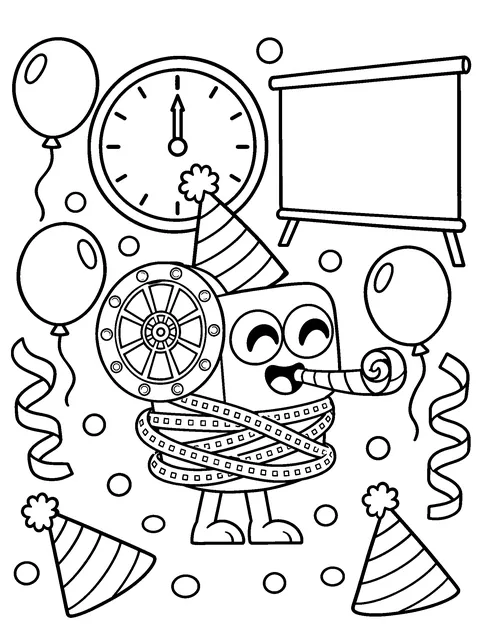 Coloring page: party-hat Flick blows a noisemaker beside a big clock, balloons, streamers and confetti.
