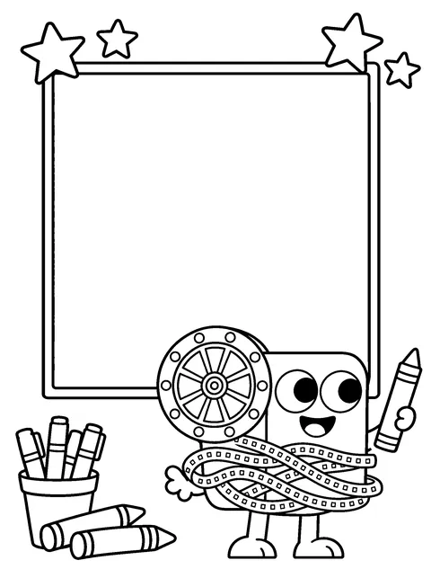 Coloring page: a big empty poster frame for drawing, with Flick holding a crayon and pointing at it.