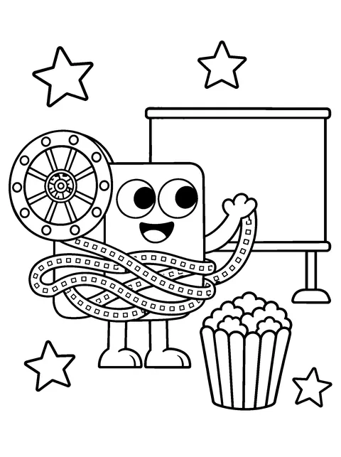 Coloring page: Flick the projector holds his film strip beside a movie screen, with big stars and a bag of popcorn.