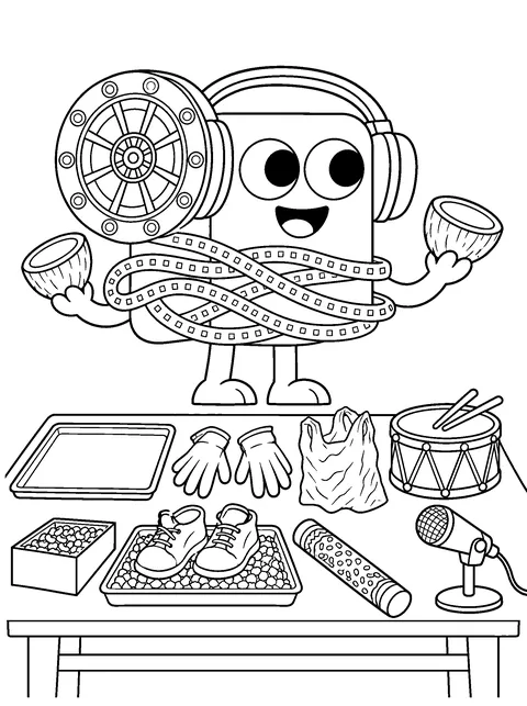 Coloring page: Flick wears headphones and holds coconut shells over a workbench of everyday objects used to make movie sounds.