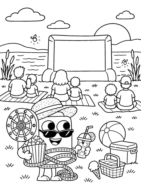 Coloring page: Flick in sunglasses and a sun hat with popcorn and a drink at a lakeside summer movie with beach towels and a beach ball.