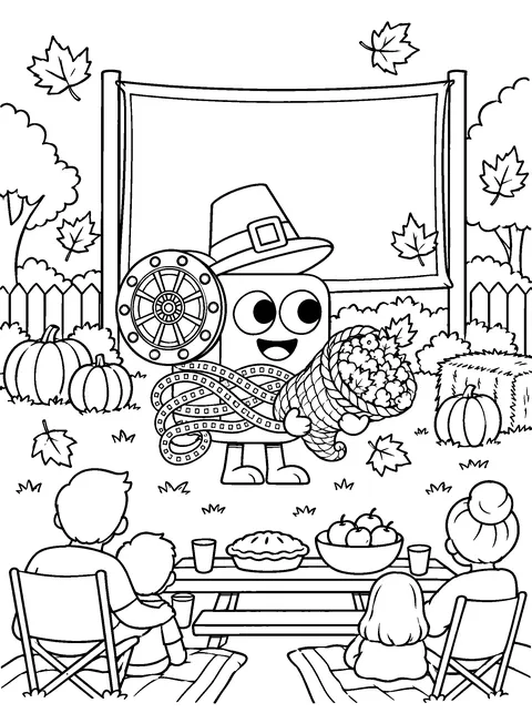 Coloring page: Flick holds a cornucopia of popcorn at an autumn backyard movie with families, a pie and falling leaves.