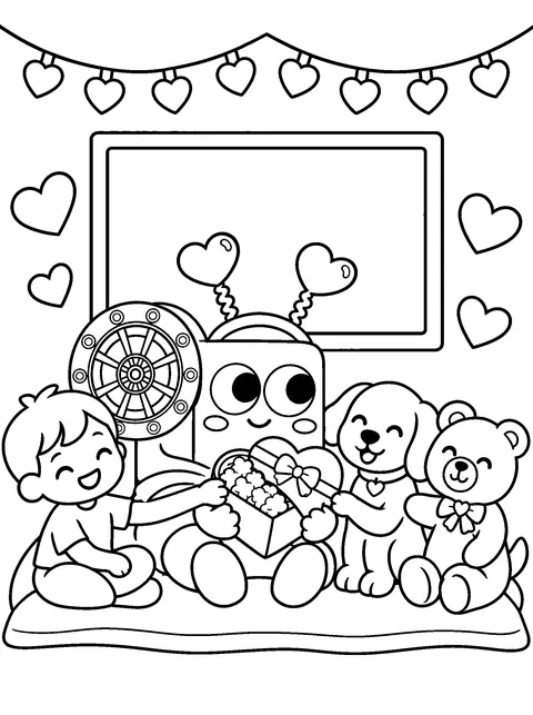 Coloring page: Flick in a heart headband shares popcorn on a blanket with a child, a puppy and a teddy bear under heart-shaped lights.