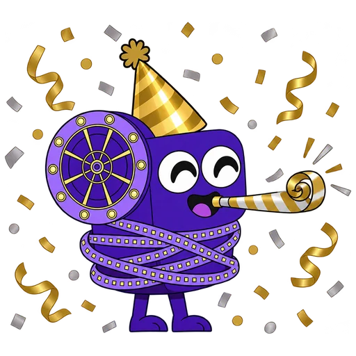 Flick the projector in a gold party hat blowing a noisemaker