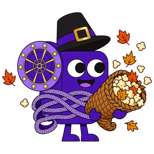 Flick the projector in a tall buckled hat holding a basket of popcorn