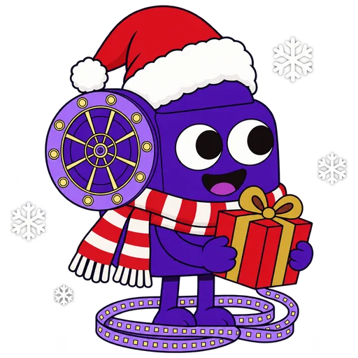 Flick the projector in a Santa hat and scarf holding a wrapped gift