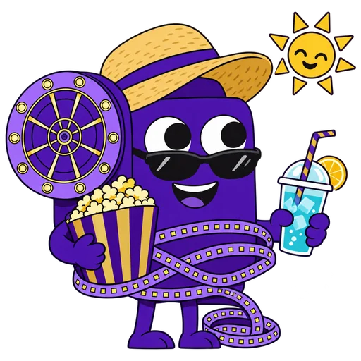 Flick the projector in sunglasses and a sun hat holding popcorn and a cold drink