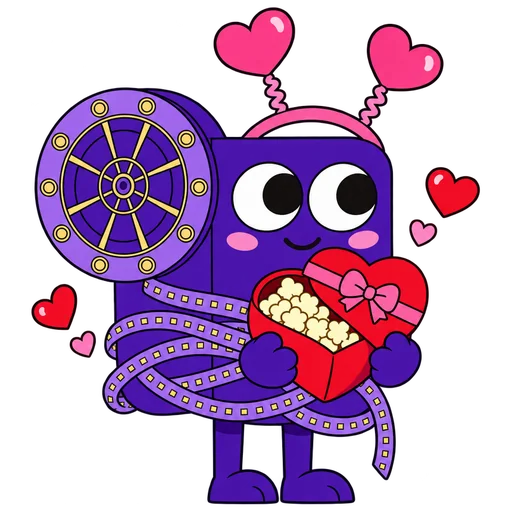 Flick the projector in a heart headband holding a heart-shaped box of popcorn