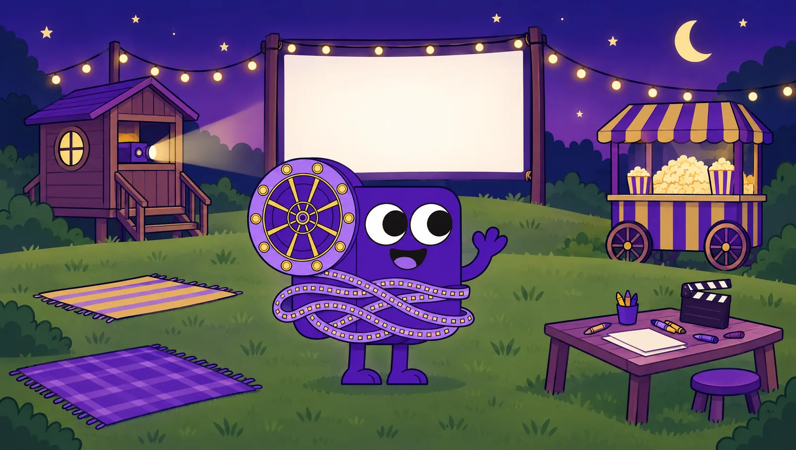 Flick’s outdoor movie campus at dusk: a projection booth, a big screen, a popcorn stand and an activity desk on a grassy hill.