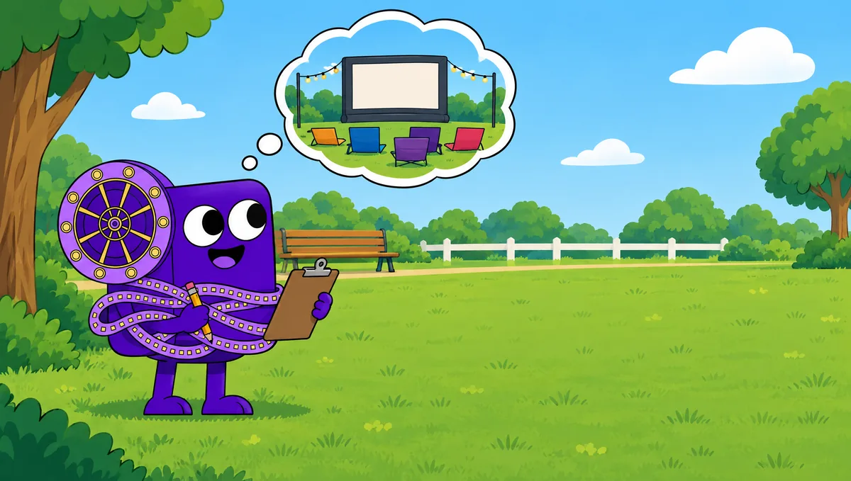 Flick with a clipboard looks out over an empty park lawn on a sunny afternoon, imagining a movie night.