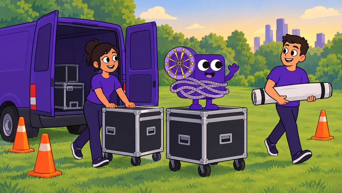 Two crew members roll equipment cases and carry a rolled-up screen from a van, with safety cones nearby. Flick waves from a case.