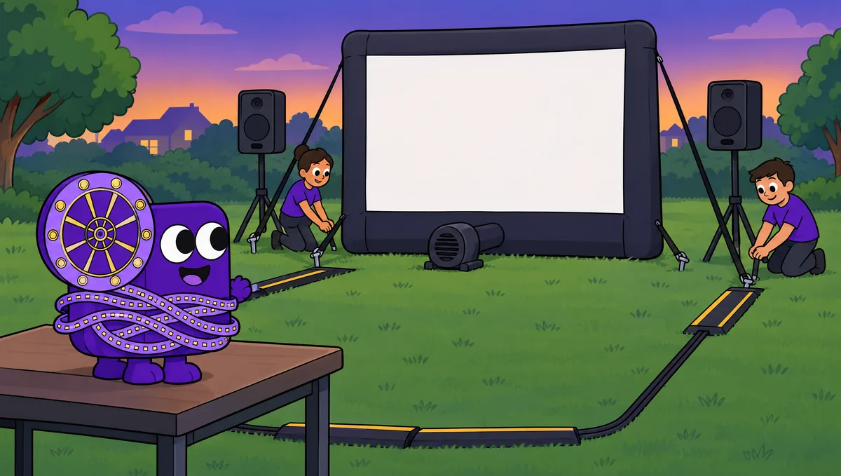An inflatable screen held by straps, speakers on stands, and covered cables. Crew members check the straps while Flick waits on a table.