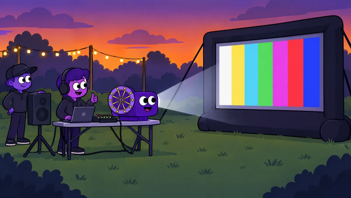 At dusk, colored test bars shine on the screen while a crew member with headphones gives a thumbs up at the sound table.