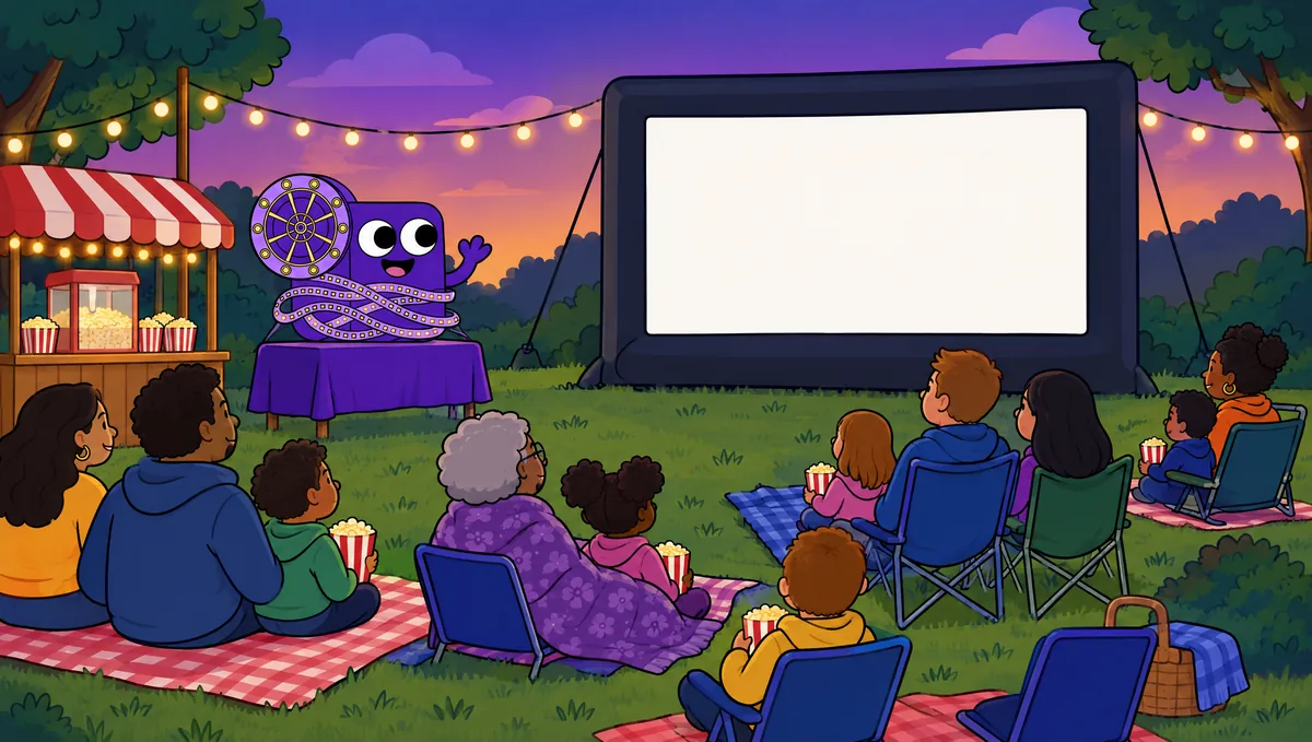 Families on blankets and lawn chairs with popcorn face a blank screen under string lights at twilight. Flick waves.