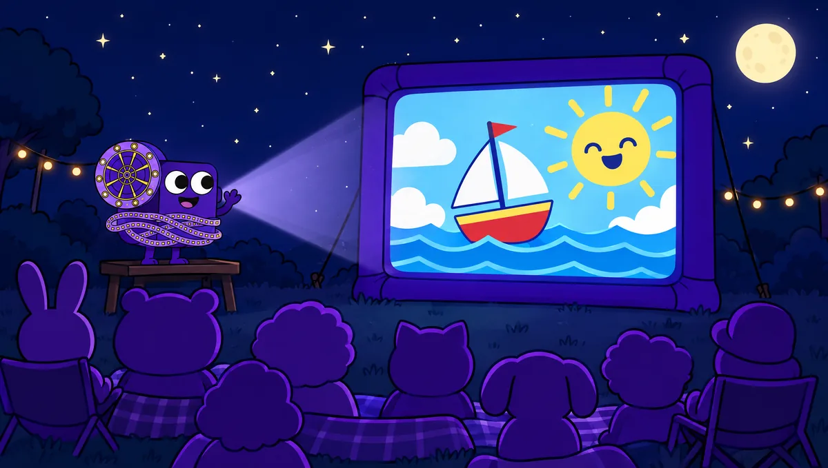 At night, the audience watches a bright cartoon sailboat movie on the screen while Flick's beam shines from the back.