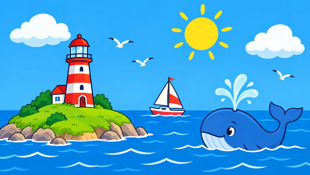 On the screen: a lighthouse on a green island, a sailboat and a smiling whale under a sunny sky.