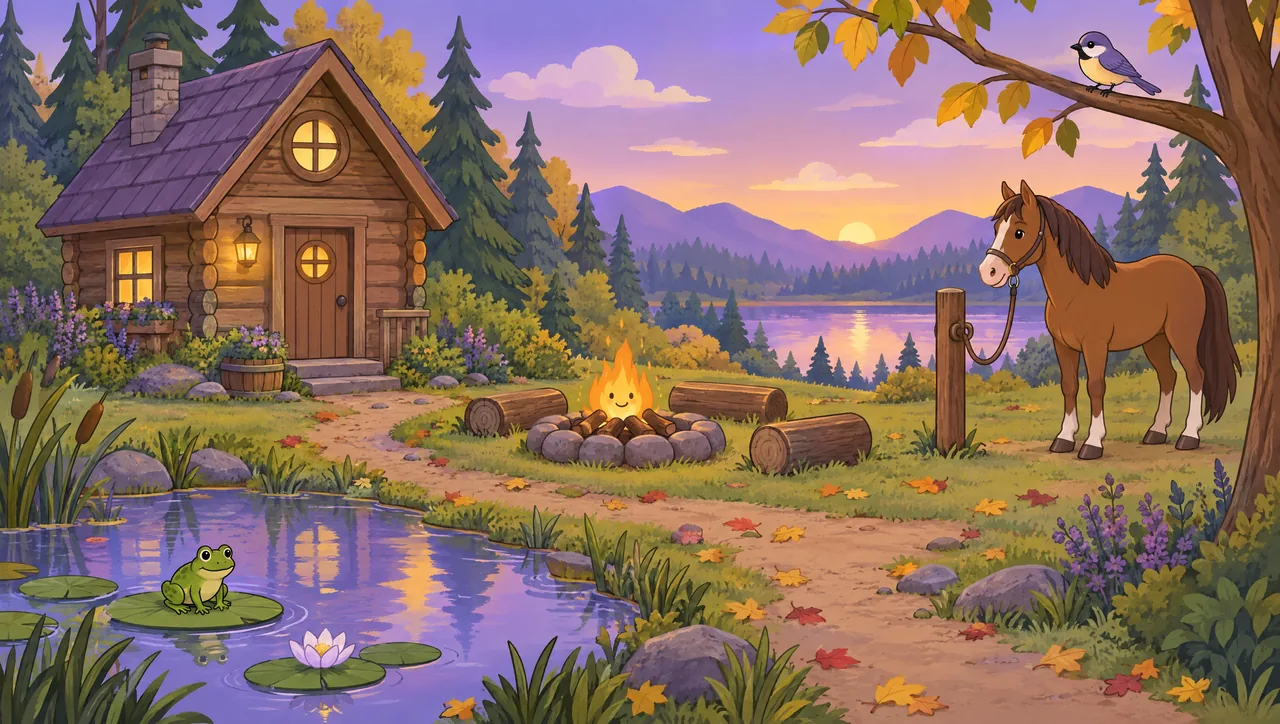 A cozy cabin at the edge of a forest at sunset, with a pond and frog, a songbird on a branch, a campfire, a leafy path and a horse by a post.