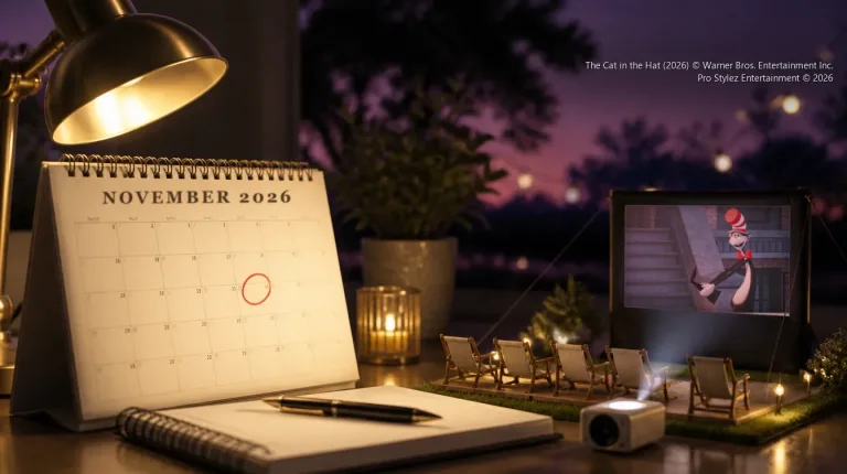 Desk calendar showing November 2026 next to a miniature movie night set playing The Cat in the Hat
