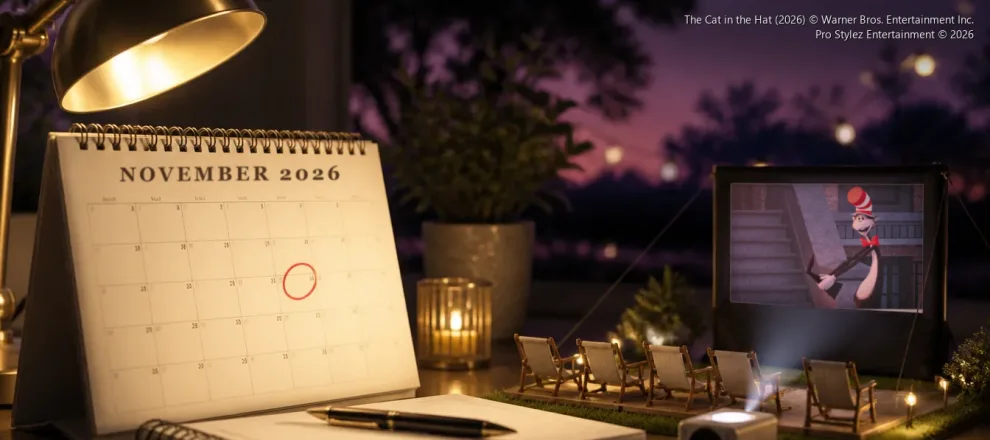 Desk calendar showing November 2026 next to a miniature movie night set playing The Cat in the Hat