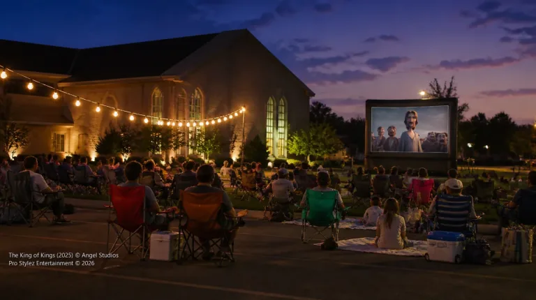 Church lawn movie night with The King of Kings on an inflatable screen