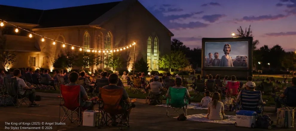 Church lawn movie night with The King of Kings on an inflatable screen