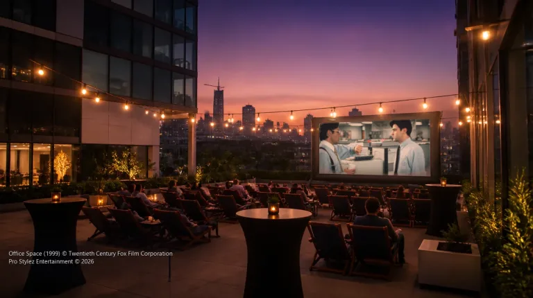 Rooftop employee appreciation movie night with Office Space on an inflatable screen