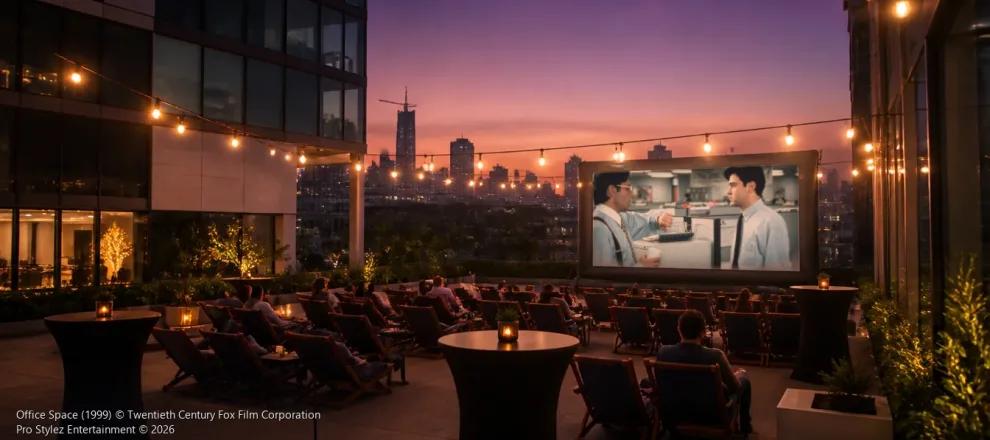 Rooftop employee appreciation movie night with Office Space on an inflatable screen