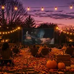 Fall backyard movie night with Casper on the screen, pumpkins and string lights