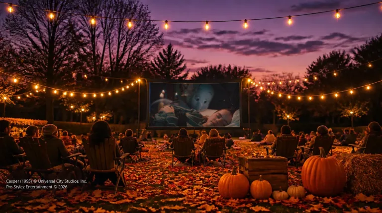 Fall backyard movie night with Casper on the screen, pumpkins and string lights