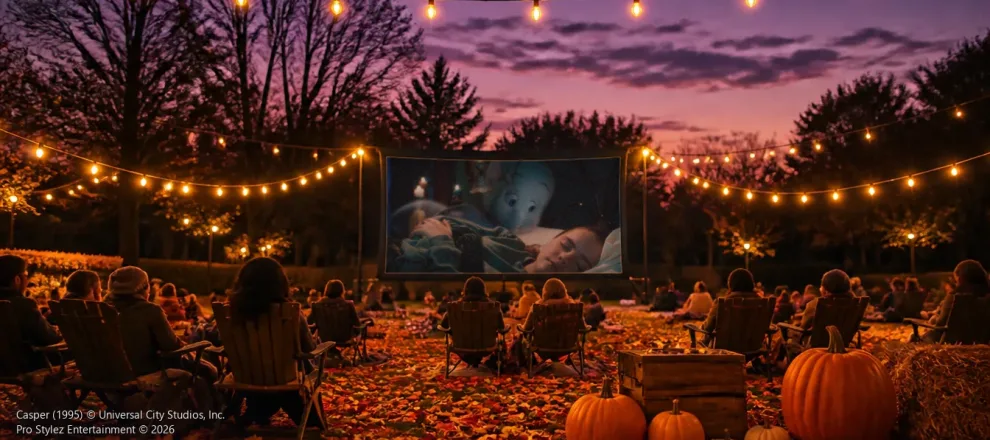 Fall backyard movie night with Casper on the screen, pumpkins and string lights