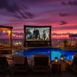 Outdoor movie screen on a cruise ship pool deck at sunset, showing a scene from Jaws