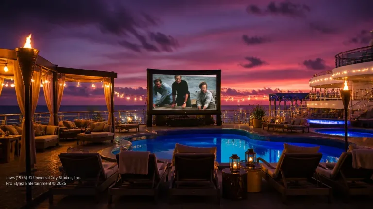 Outdoor movie screen on a cruise ship pool deck at sunset, showing a scene from Jaws