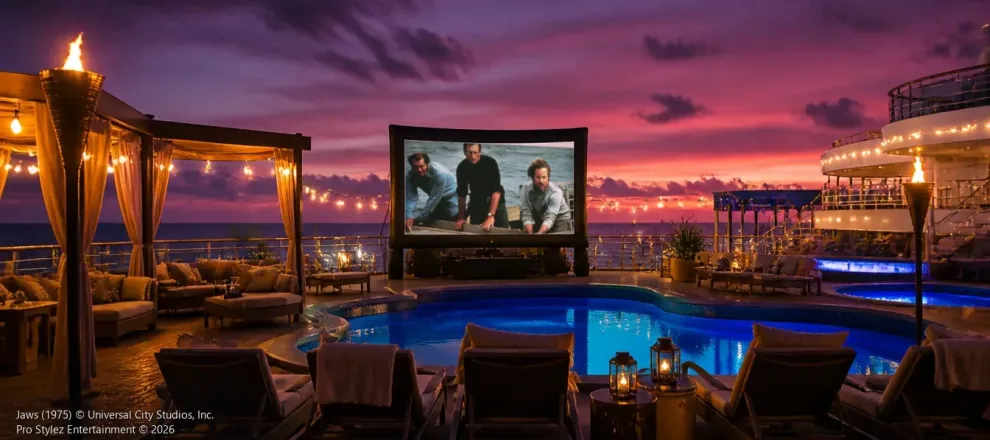 Outdoor movie screen on a cruise ship pool deck at sunset, showing a scene from Jaws