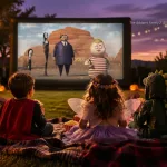 Kids in Halloween costumes watching The Addams Family 2 on an outdoor movie screen