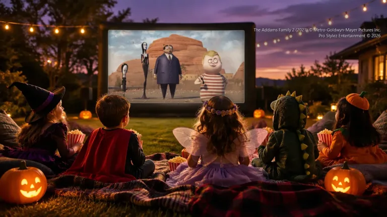 Kids in Halloween costumes watching The Addams Family 2 on an outdoor movie screen