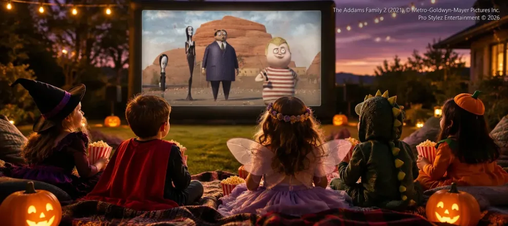 Kids in Halloween costumes watching The Addams Family 2 on an outdoor movie screen