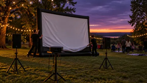 Two crew members raising an inflatable outdoor movie screen in a park at dusk, with string lights and families arriving