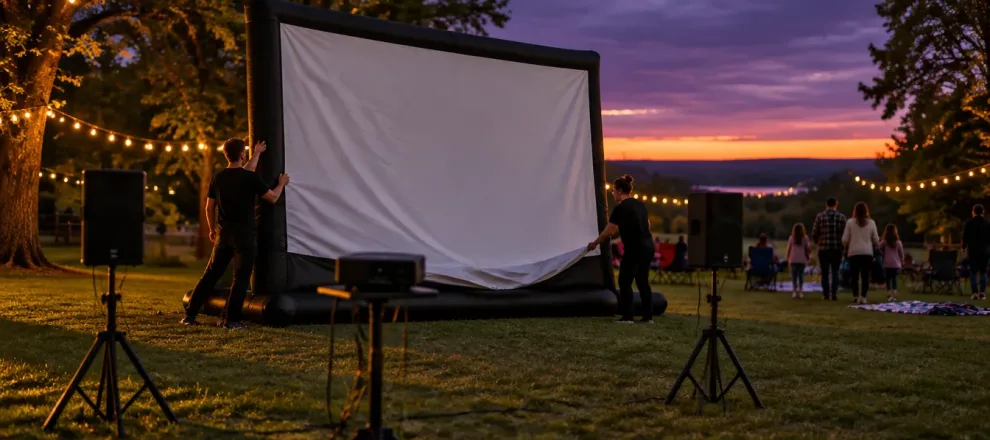 Two crew members raising an inflatable outdoor movie screen in a park at dusk, with string lights and families arriving