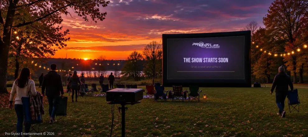 Guests arriving at sunset with lawn chairs as the Pro Stylez Entertainment pre-show slide glows on the inflatable screen
