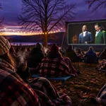 Hamilton playing on an outdoor movie screen as a bundled-up audience watches on a cold fall night