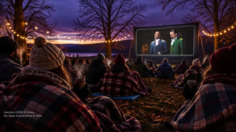 Hamilton playing on an outdoor movie screen as a bundled-up audience watches on a cold fall night