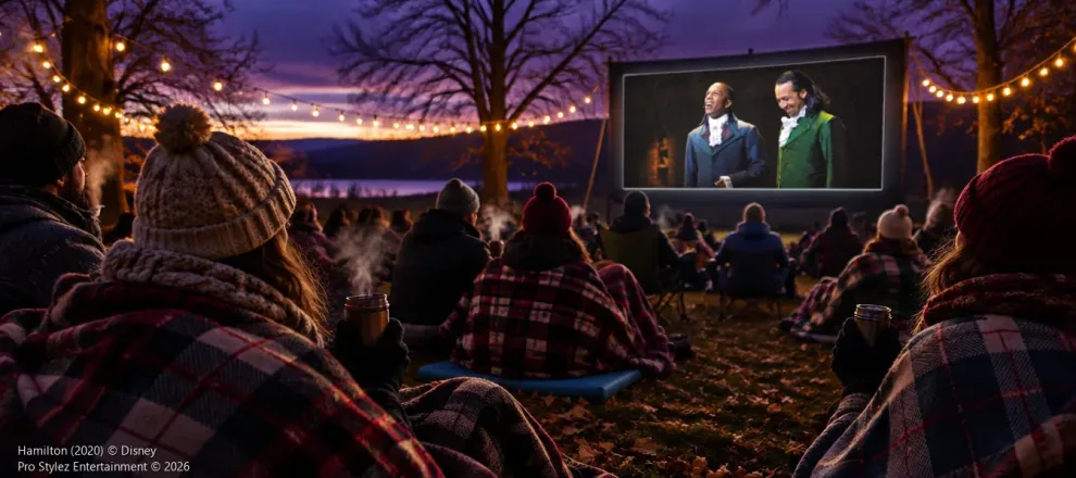 Hamilton playing on an outdoor movie screen as a bundled-up audience watches on a cold fall night